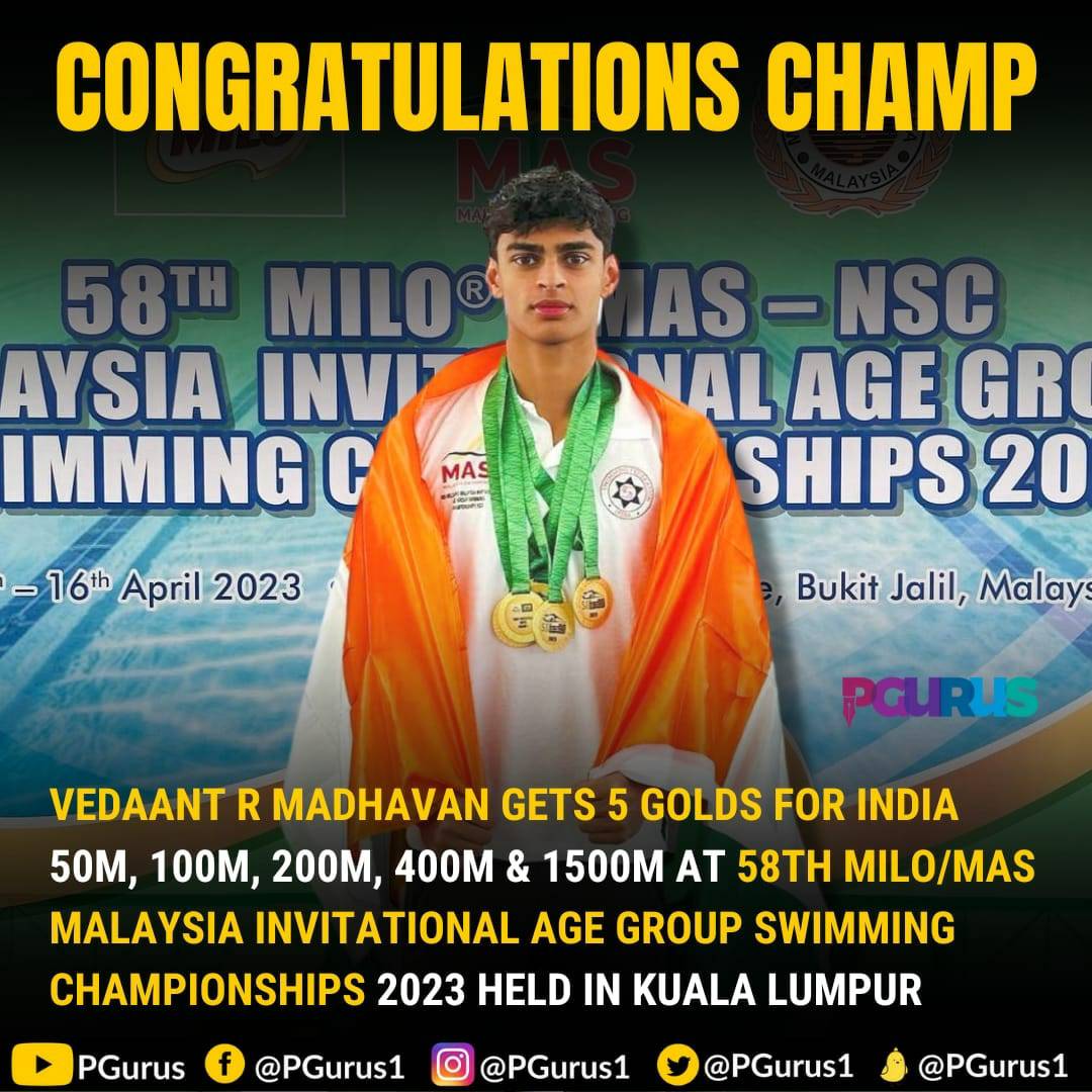 pGurus1's tweet photo. Vedaant Madhavan, @ActorMadhavan's son wins 5 gold medals for #India at the Malaysian invitational age group championships, 2023

Congratulations Vedaant 

#VedaantMadhavan https://t.co/hbEE4Hsrnu
