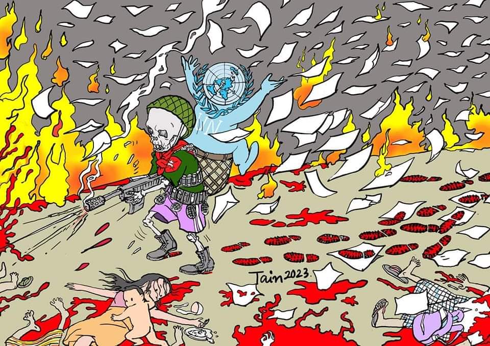 It well portrays that #MyanmarMilitaryTerrorists have dared step up their violence while the world &amp; UN can just breathe worthless statements into the air (mainly due to 🇨🇳&amp;🇷🇺).
