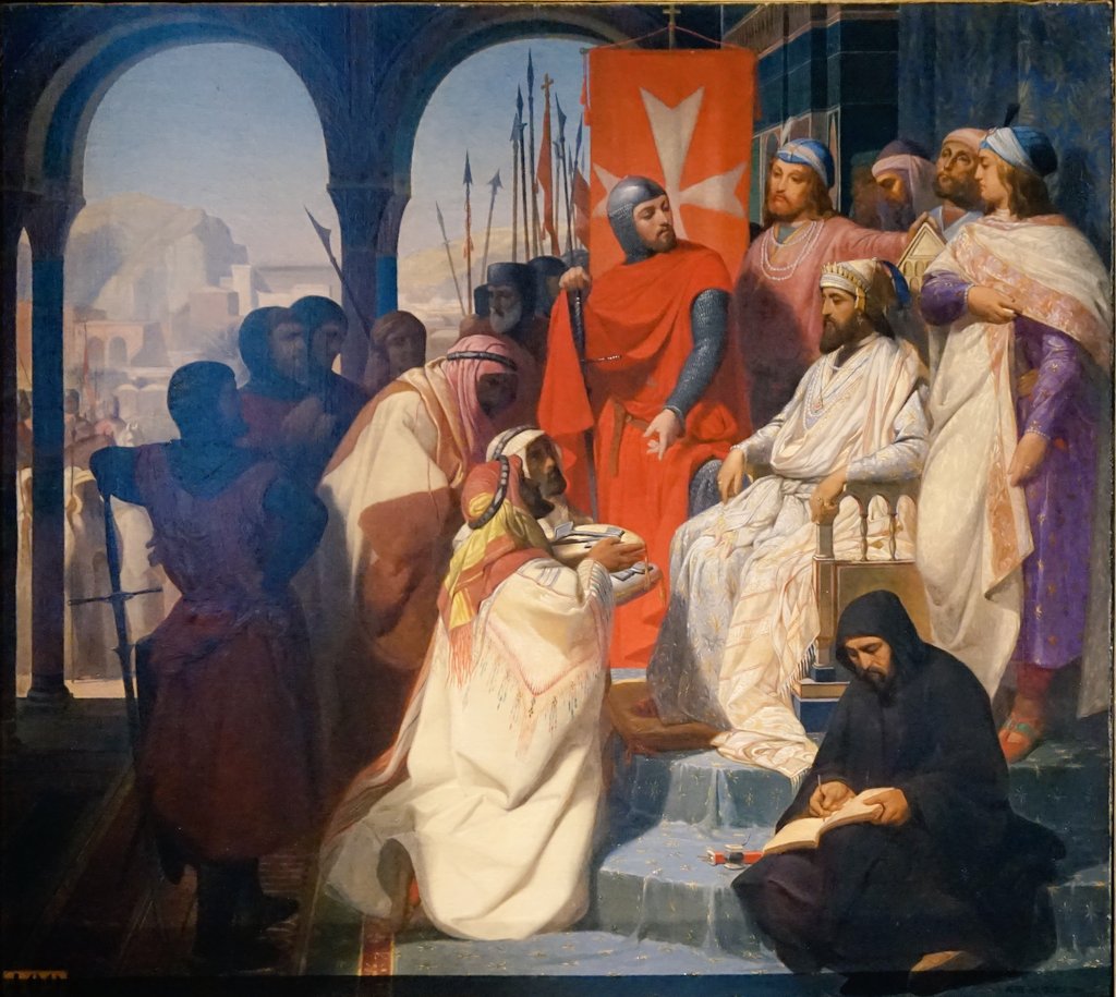 #GoodMorningTwitterWorld 🌞 

The painting 'Knights of the Order of Saint John of Jerusalem restore religion to Armenia in 1347' (1844) by Henri Delaborde 🎨 shows Constantine V of Armenia (#BornOnThisDay in 1313) on his throne with the Hospitallers.

#Art #ArtLovers #Armenia