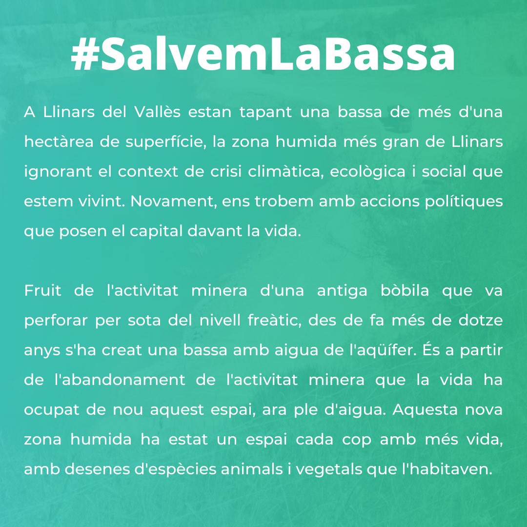 SalvemLaBassa's tweet photo. Benvolgudes🍃, 
Avui dia 17 ens apleguem a la bassa de Llinars per tal de frenar l'entrada de camions i la destrucció d'aquesta. Com ho farem? Acampant de forma indefinida!
Al Baix Montseny ho tenim clar, la vida abans del capital.
Vine i participa✊🏽🫂,
Juntes #SalvemLaBassa https://t.co/bXZrfFOBHY