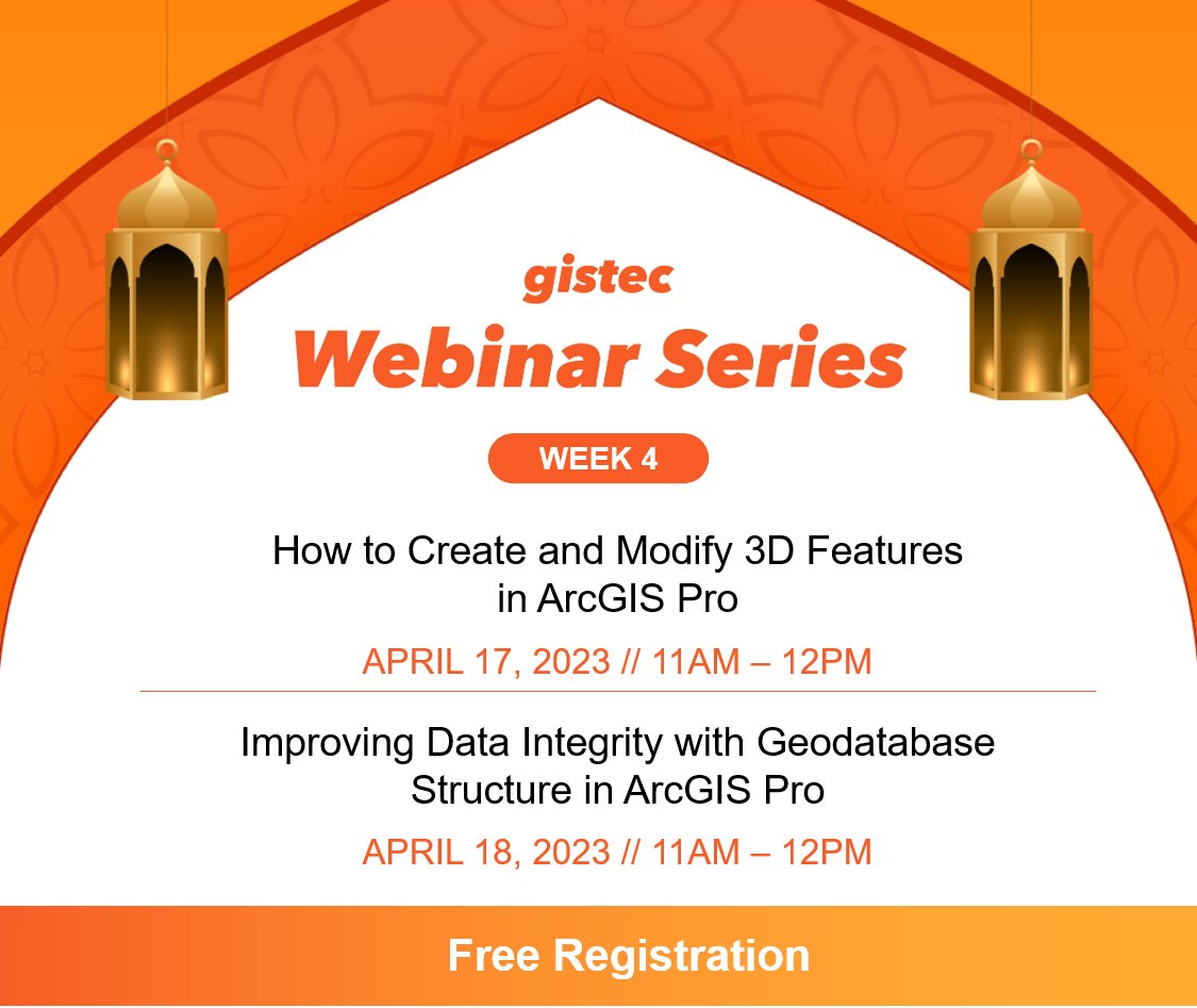 gistec's tweet image. This is the last week of #gistecWebinarSeries. Don&apos;t miss out on the last 2 sessions on how to use #ArcGIS
1⃣How to Create and Modify #3D Features in ArcGIS Pro
bit.ly/41w4EZD
2⃣Improving Data Integrity with #Geodatabase Structure in #ArcGISPro
bit.ly/41fpGfr
