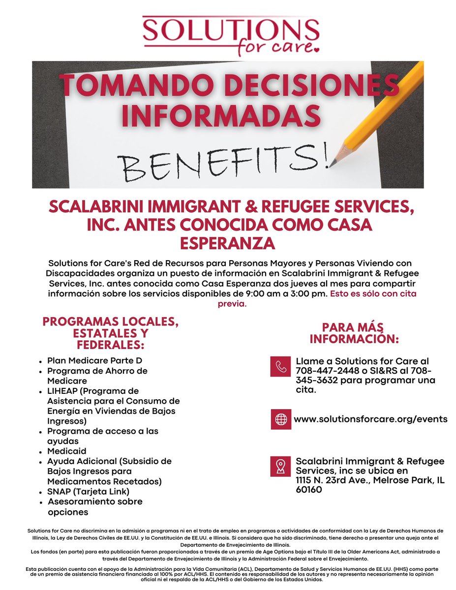 Visit solutionsforcare.org/events to view upcoming dates for the Informational Booth at Scalabrini Immigrant &amp; Refugee Services, Inc. in Melrose Park.