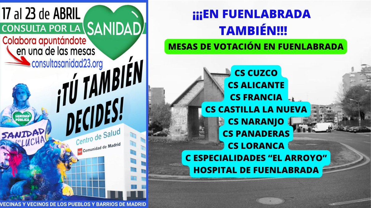 ConsultaFuenla's tweet photo. En unas horas la  #ConsultaSanidad23 sale a la calle en #Fuenlabrada, para que las vecinas y vecinos puedan expresarse y pedir una financiación adecuada de la #SanidadPública  💪

Acércate a expresarte, y súmate aquí ⬇️

https://t.co/xNruR4LnHA

Consulta Sanidad 23 https://t.co/0ZOFNr5Pim