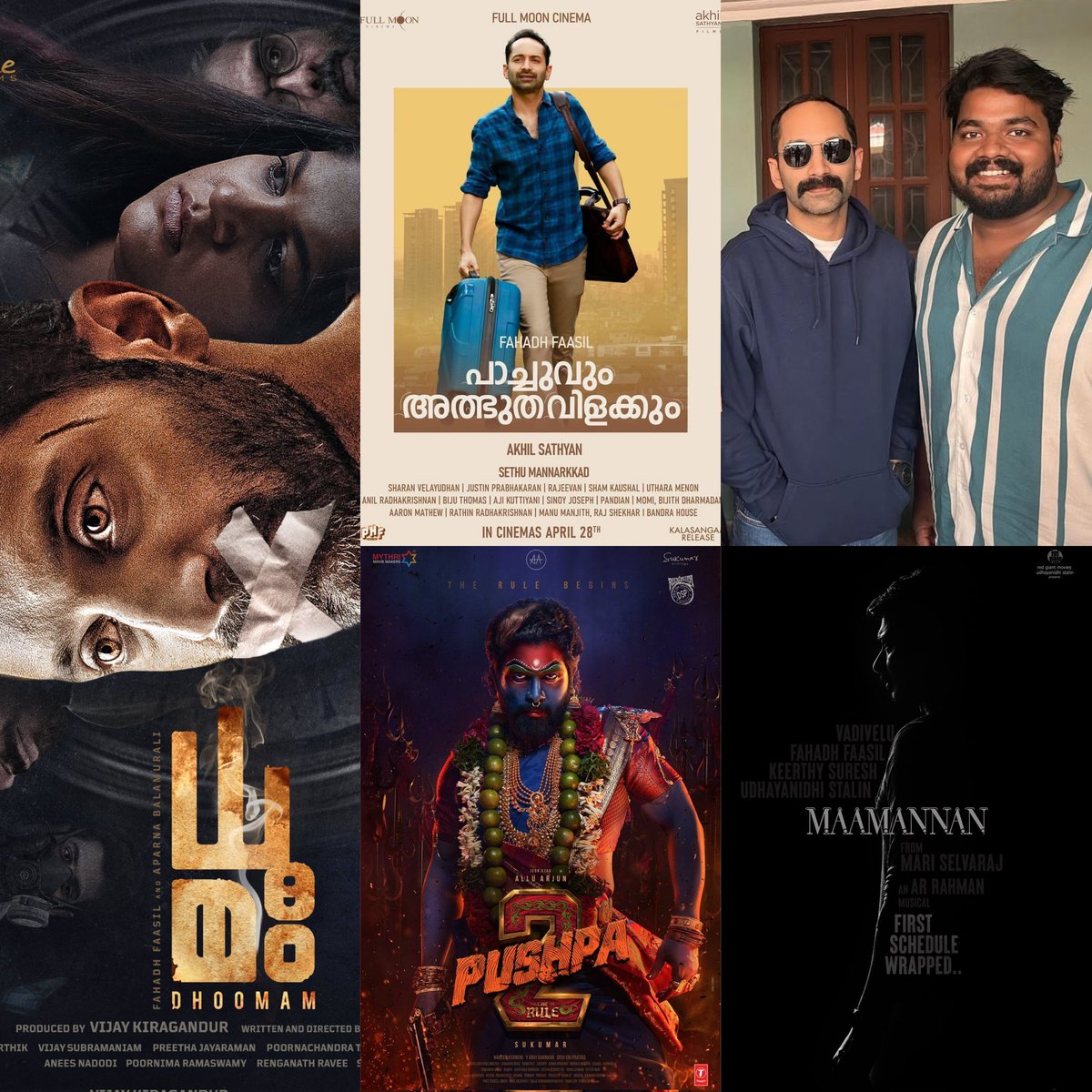 #FahadhFaasil is coming up with 

1. #PachuvumAthbhuthaVilakkum
2. #HombaleFilms movie #Dhoomam
3. #JithuMadhavan (Romancham Director) movie
4. #PushpaTheRule
5. #Maamannan directed by Mari Selvaraj 

FaFa upcoming movies 🔥 PROMISING.