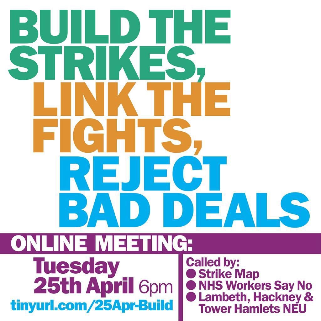 🪧Build the strikes,
🤝link the fights, 
✋reject bad deals

💻Online meeting
🗓️ Tuesday 25th April 
⏰ 6pm

tinyurl.com/25Apr-Build

#strikemap