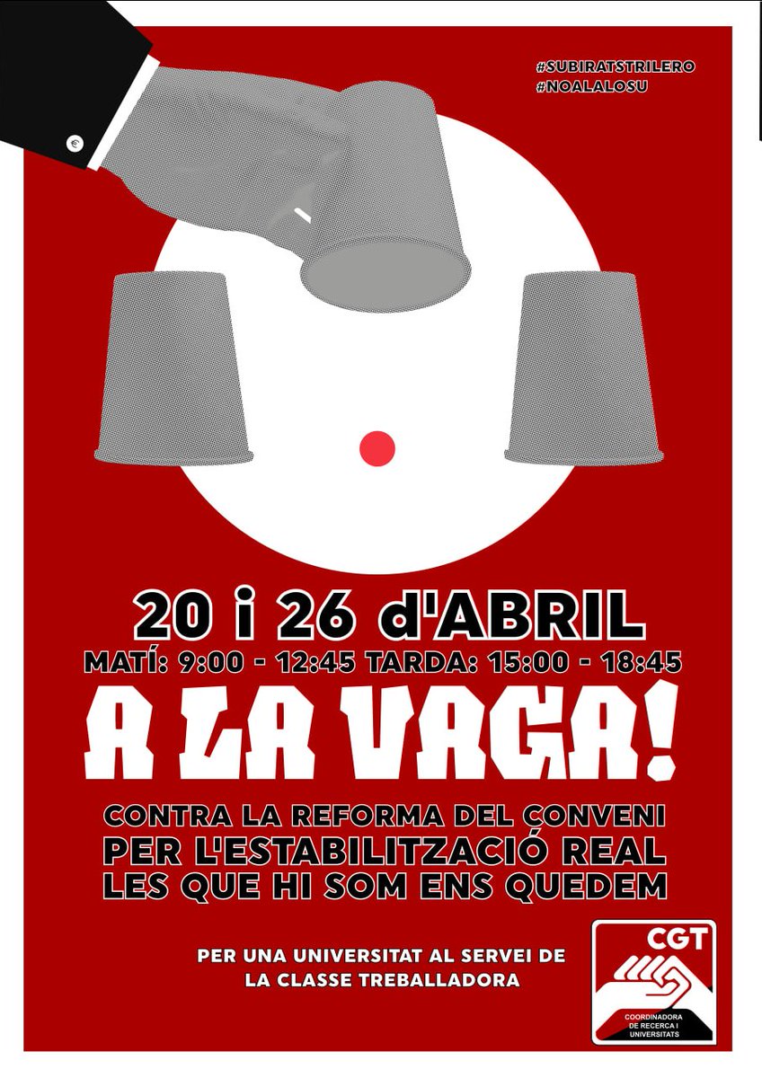 Els dies 20 i 26 d'abril, vaga de PDI a les universitats!
Les que hi som, ens quedem! <a href="/CGT_UAB/">CGT UAB</a> <a href="/cgt_ub/">CGT UB</a> <a href="/CgtUrv/">CGT_URV</a> <a href="/cgtenseponent/">CGT Ensenyament Ponent-Pirineus</a> <a href="/CGT_UPC/">CGT-UPC</a> <a href="/TransformemUB/">TransFormem UB</a> <a href="/CGTLleida/">CGT Lleida</a> 
cgtensenyament.cat/vaga-pdi-unive…