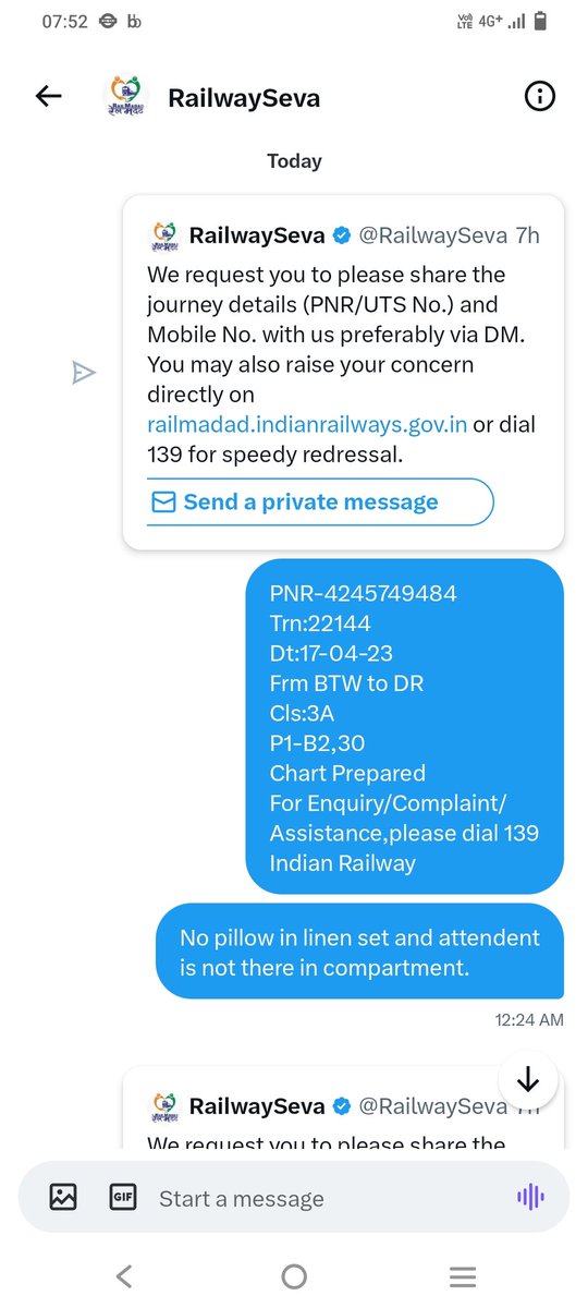 @drmmumbaicr @RailwaySeva PNR-4245749484
Trn:22144
PNR-4245749484
Trn:22144
Dt:17-04-23
Frm BTW to DR
Cls:3A
P1-B2,30
Chart Prepared
For Enquiry/Complaint/Assistance,please dial 139
Indian RailwayDt:17-04-23
Frm BTW to DR
Cls:3A
P1-B2,30