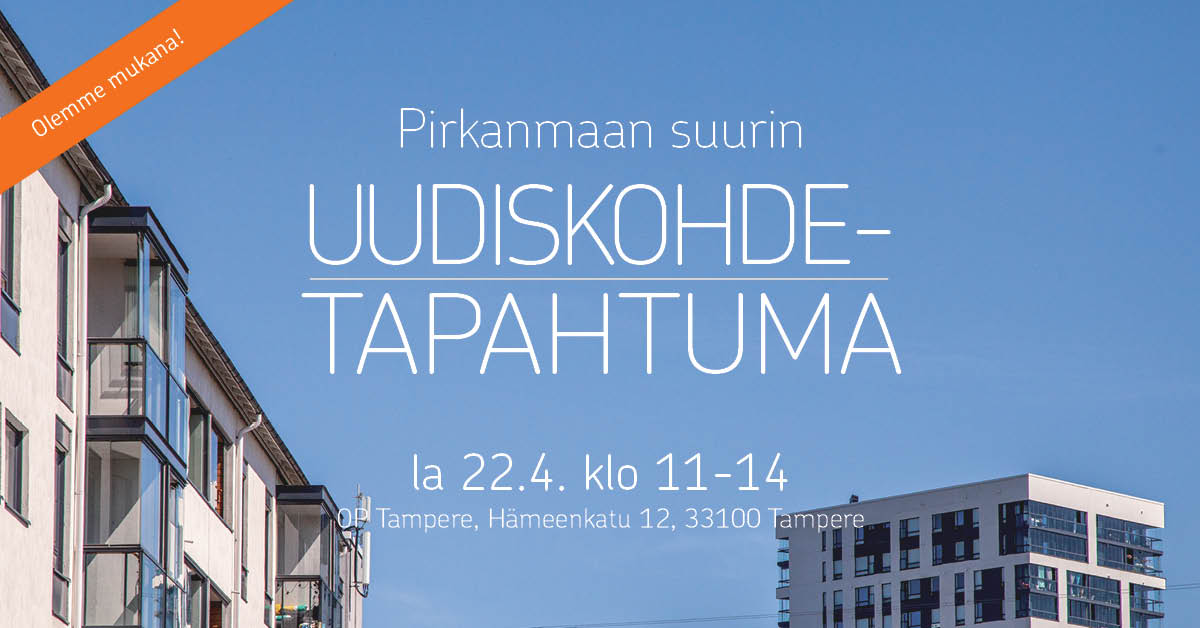 Tervetuloa Pirkanmaan uudiskohdetapahtumaan la 22.4.2023 klo 11-14 osoitteeseen Hämeenkatu 12, 33100 Tampere. Tapahtumassa on esillä pirkanmaalaisia rakennusliikkeitä uudisasuntoineen. Myös YH Kodit mukana. Tapahtuman järjestää OP Tampere ja OP Koti.