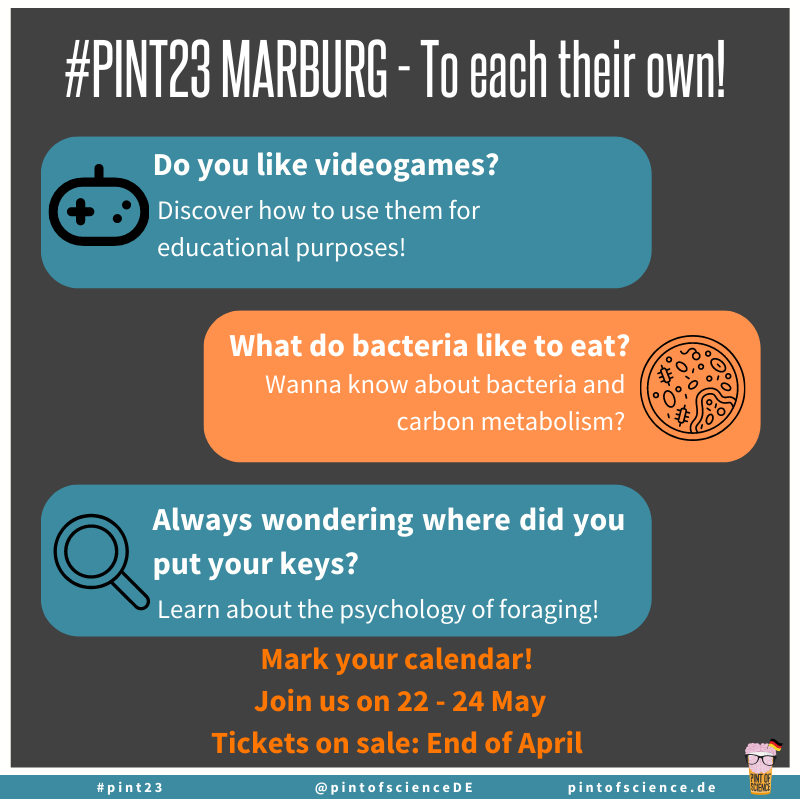 pintofscienceDE's tweet photo. ✨ Get ready to expand your mind with the first ever Pint of Science Marburg! 🥳
From video games to bacteria, there will be mind-blowing talks for everyone! Join us and the top scientists we invited on 22-24 May 🧠🍻 https://t.co/3HxCMRV70j