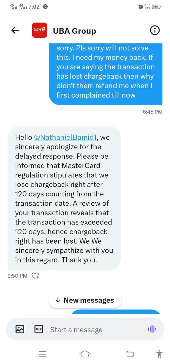 NathanielBamid1's tweet photo. @abati1990 @UBAGroup  you people are trying to intimidate me right and you keep saying sorry without refunding me.. your sorry or apology will not solve this. 40,800 is not a joke at this period of time. What is my business whether you lost chargeback or not. U promise 50 working days 2x. https://t.co/W8MRG6bLpk