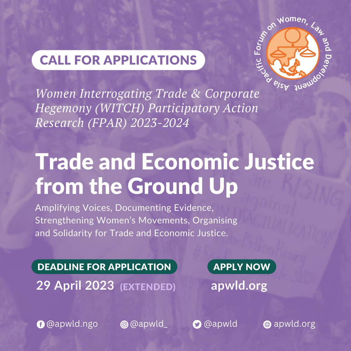 apwld's tweet image. #FeministOpportunity | WITCH FPAR (2023-2024): &quot;Trade and Economic Justice from Ground up&quot; #CallForApplications is now EXTENDED until April 29, 2023!
🔗 Apply now here: apwld.org/call-for-appli…
💯For more details, visit: apwld.org