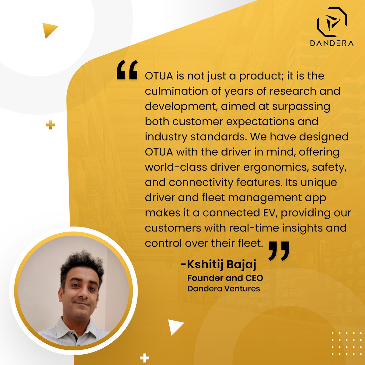Discover the ultimate solution for sustainable and efficient last-mile delivery with OTUA.. Hear from Kshitij Bajaj, Founder and CEO of Dandera Ventures, about the innovation and design behind OTUA.

Visit  danderaelectric.com

#DriveForMore #DanderaVentures #startup #EV