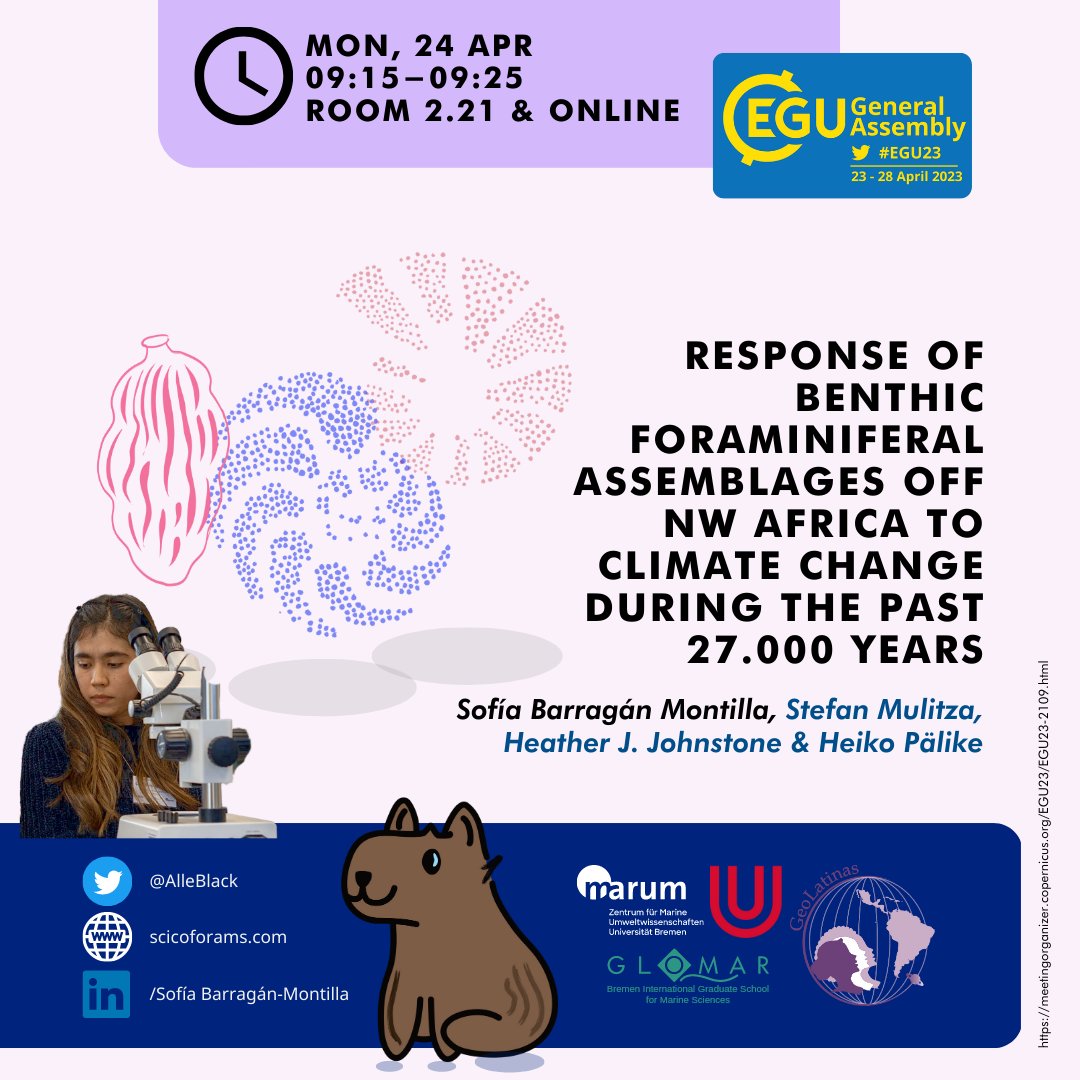 GeoLatinas's tweet photo. #EGU23 is almost here! As always we highlight/invite you to our @GeoLatinas contributions 🔥Next monday, our own @AlleBlack will share her research on NE Atlantic #BenthicForams response to #ClimateChange in the last deglaciation.

Check it online at 9.15 &amp; on room 2.21.
🐚🔬👩🏻‍🚀🚀 https://t.co/dmJuO1QLke