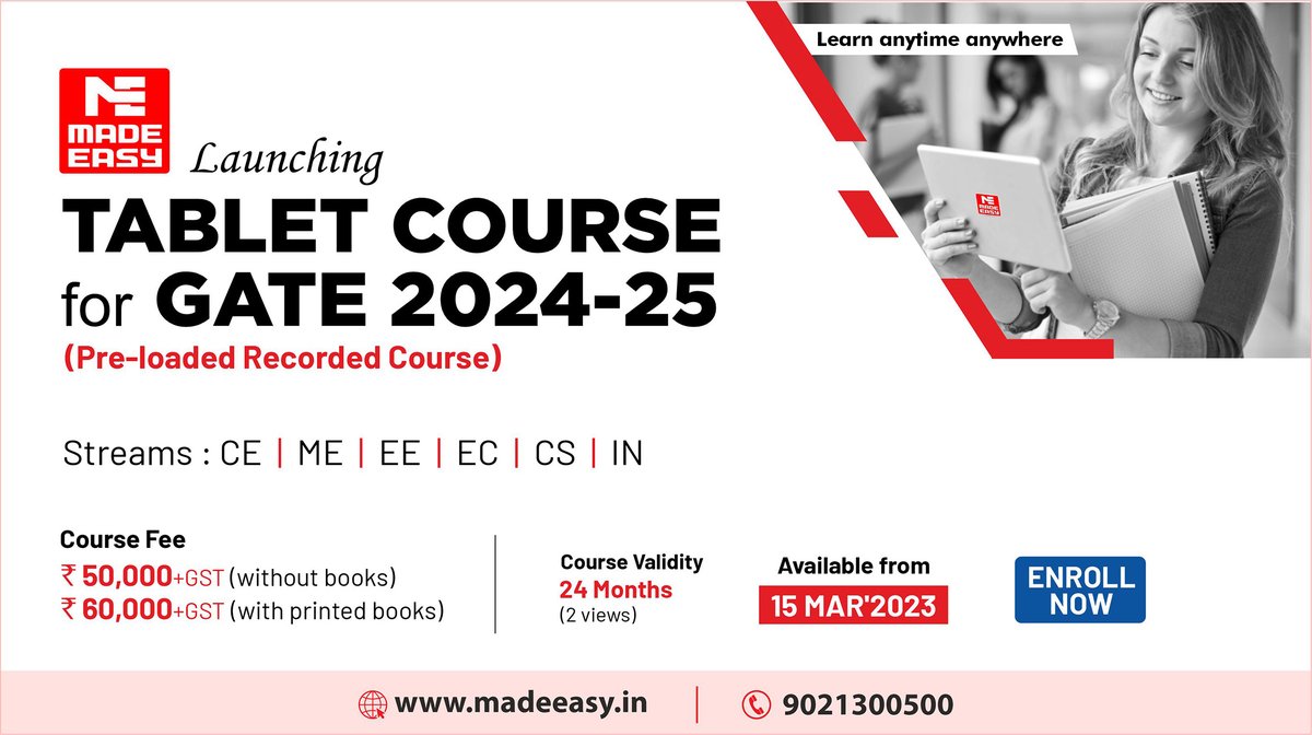 MADEEASY_Delhi's tweet photo. Enroll in #MADEEASY TABLET COURSE for GATE 2024-25 and start your preparation journey without worrying about internet speed and network.
Enroll now: https://t.co/bFpf3CbaAt
#GATE #GATE2024 #preparation #MADEEASYtabletcourse #recordedclasses #GATETabletCourse https://t.co/o7iCzp549s