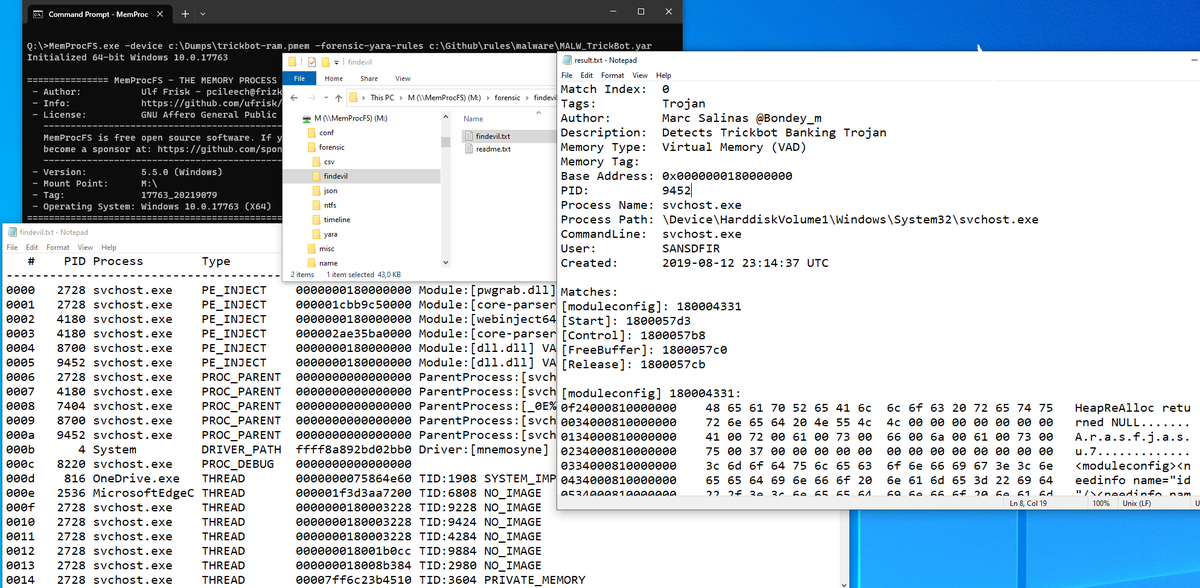 UlfFrisk's tweet image. MemProcFS memory analysis and forensics v5.5 released! Yara scanning and FindEvil thread detections added 😀
github.com/ufrisk/MemProc…