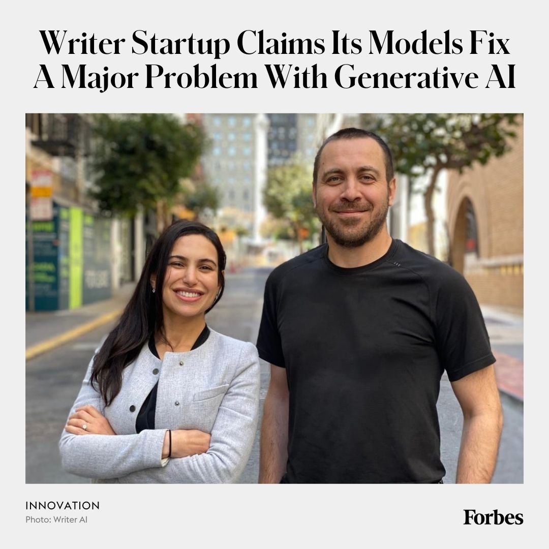 'Companies like Accenture, Uber and Hilton trust Writer to automate all their tedious text-based tasks. Writer’s promise? That its language models won’t make up false information. #ForbesAI50 trib.al/Lg0vNA3 '