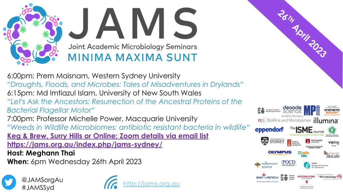 It's that time of the month again! The #JAMSSyd monthly seminar is happening on Wednesday April 26th, 6pm at Keg and Brew, Surry Hills.   

Come along for a fun night. As always, there will be free food, great chats, and lots of #microbiology 

#JAMS #community #STEM