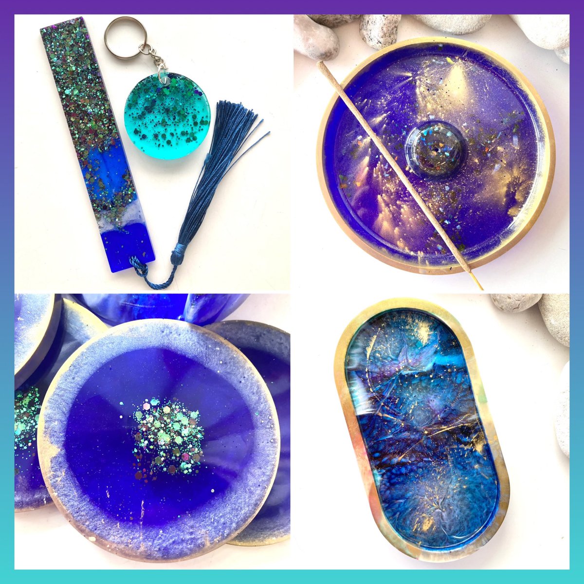 The indigo collection of resin gift ideas, pretty bookmark &amp; keyring set, incense burner for relaxation, stunning coaster set &amp; a fab tray: etsy.me/3e14vIm #earlybiz #CraftBizParty #onlinecraft #MHHSBD #etsyfinds