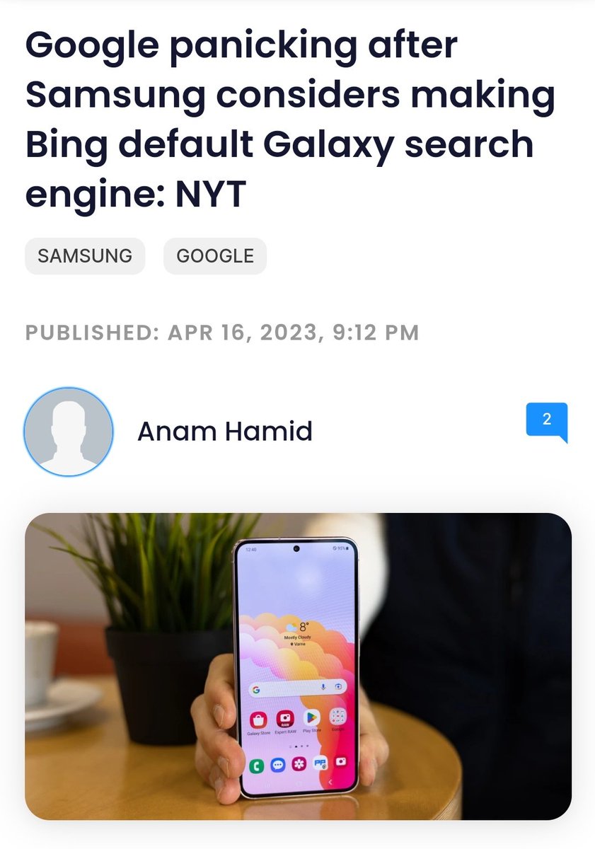 sondesix's tweet photo. Damn, this is huge.

It is reported that Google could lose $23 billion if Samsung and Apple decide to switch from Google to Bing. https://t.co/ZtQoUkhc5X