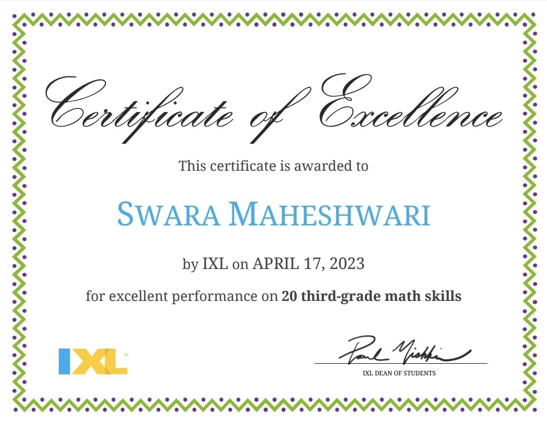 Kavya and Swara Maheshwari (@neham23737191) on Twitter photo Swara is happy to receive her first IXL certificate of grade 3 <a href="/Fatima_Martin/">Fatima Martin</a> <a href="/ShettySampoorna/">Sampoorna Shetty</a> <a href="/tresa_rintu/">Rintu Tresa</a> <a href="/nmsprimary/">GNMS_PrimaryGeNext</a> <a href="/gemsnms_alkhail/">GEMS NMS Alkhail</a> Swara is happy to receive her first IXL certificate of grade 3 <a href="/Fatima_Martin/">Fatima Martin</a> <a href="/ShettySampoorna/">Sampoorna Shetty</a> <a href="/tresa_rintu/">Rintu Tresa</a> <a href="/nmsprimary/">GNMS_PrimaryGeNext</a> <a href="/gemsnms_alkhail/">GEMS NMS Alkhail</a>