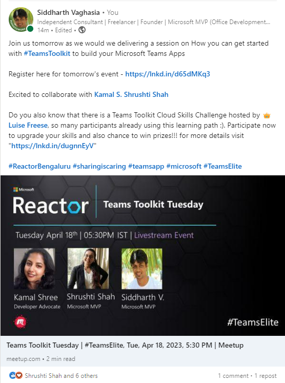 Join us tomorrow as we would we delivering a session on How you can get started with #TeamsToolkit to build your Microsoft Teams Apps

Register here for the event - lnkd.in/d65dMKq3

Cloud Skill challenge - lnkd.in/dugnnEyV
#sharingiscaring #teamsapp #TeamsElite