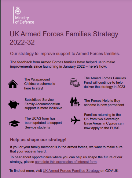 RAFCranwellHIVE's tweet photo. Armed Forces Families Strategy 2022–32
The UK Armed Forces Families Strategy 2022-32 recognises the valuable contribution and sacrifices Armed Forces families make and the unique challenges they face. 
https://t.co/3lIRnY4bIC https://t.co/TY4kZCFL4w