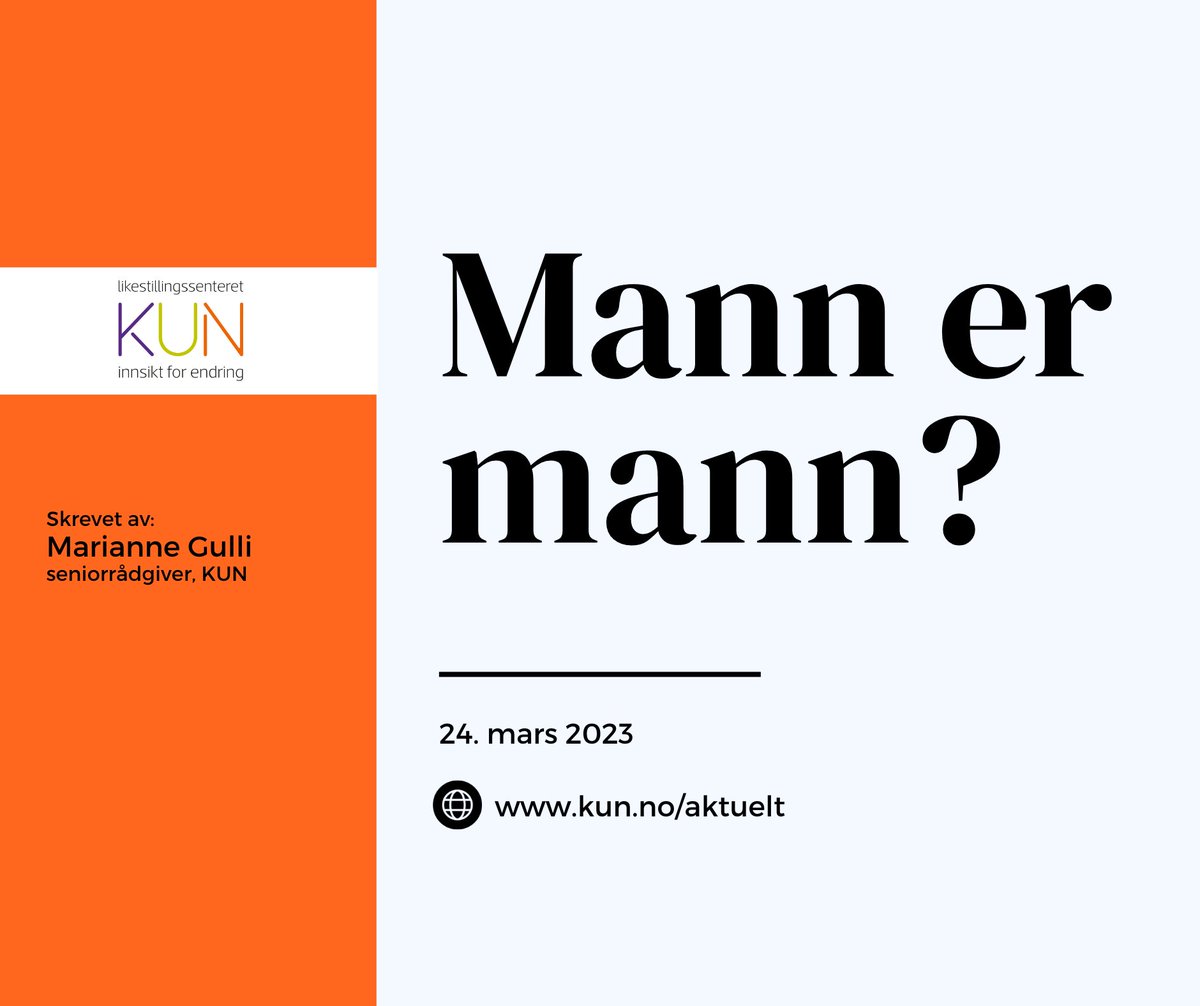 Hva er en mann? 

Det er et innspill gitt av seniorrådgiver Marianne Gulli til Mannsutvalget da leder Claus Jervell og sekretær Finn Skre Fjordholm i utvalget besøkte KUN 24. mars.   

Les innspillet i sin helhet her - kun.no/aktuelt/mann-e…