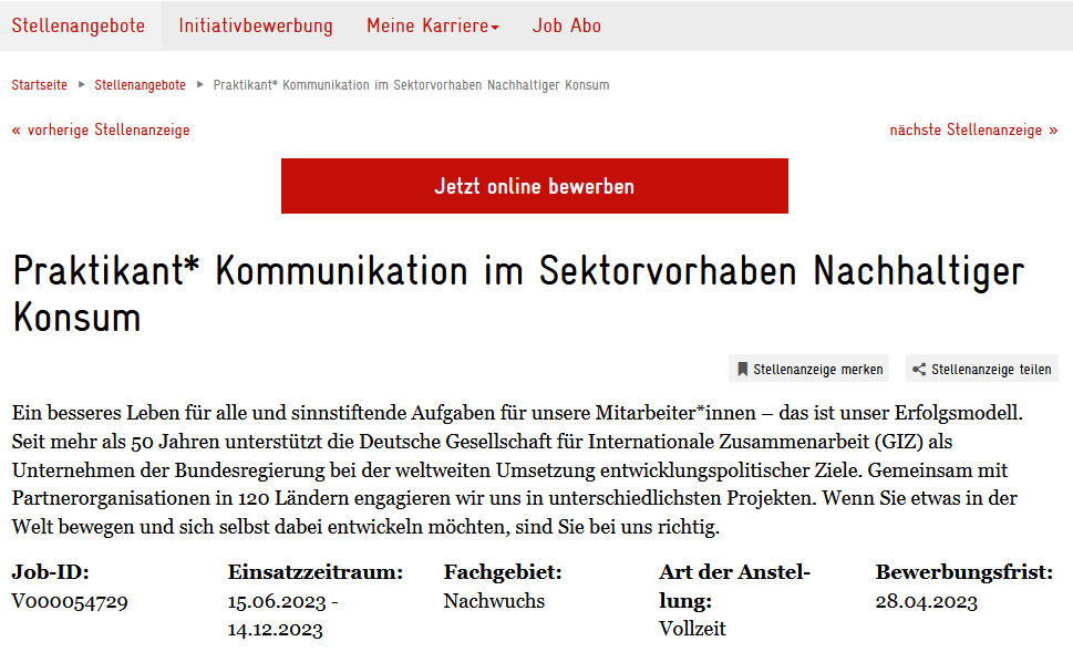 Bewirb dich jetzt bei uns für ein #Praktikum mit Schwerpunkt #Kommunikation &amp; unterstütze uns bei Website, Social Media, Veranstaltungen, Presse uvm. Einsatzzeitraum: 15.06.2023 - 14.12.2023
Bewerbungsfrist: 28.04.2023
Weitere Infos &amp; Online-Bewerbung: jobs.giz.de/index.php?ac=j…