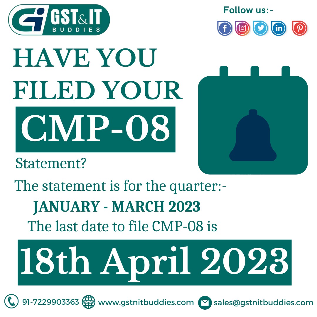 Composition Taxpayers are reminded to file their #CMP08
#cmp08 #reminder #tax #gstfiling #gstregistration #gstr #incometax #gstupdates #gstindia #tax #gstreturns #india #gstnews #startup #incometaxindia #gstreturn #companyregistration #incometaxreturn #gsttax #taxes #gstcouncil