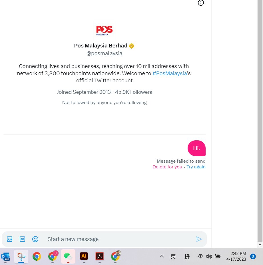 JasonLe41888010's tweet photo. @posmalaysia @posmalaysia I tried to DM in twitter as you advise. See what I got. You want me to show my screenshot with your AskPos Bot? So, how long I need to stuck with this issues, and nobody solving the problem?
@Post_Parcel1 (Mr. Charles Brewer) https://t.co/5mxnBlcXQk
