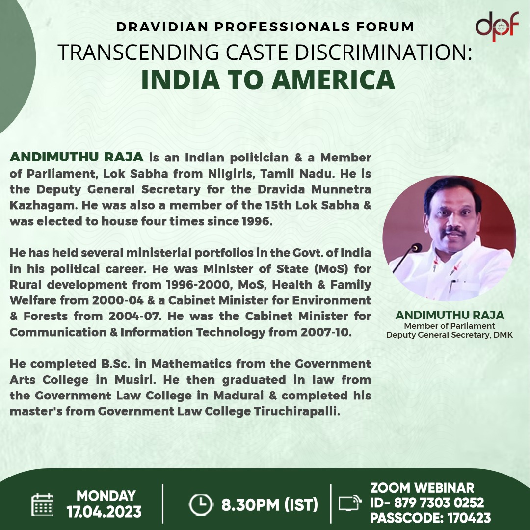 DravidianForum's tweet photo. Delighted to welcome our speaker Hon MP @dmk_raja for today's discussion happening at 8:30 PM IST! 

See below to learn more about him! 

Join us using: https://t.co/2dUPFhNvoV
Passcode: 170423 https://t.co/fxO8wgmZjb
