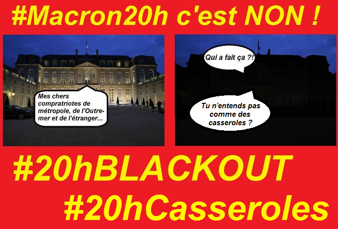 📢 Ce soir 20h :
👉 on disjoncte ou si pas possible on se cantonne au strict minimum en terme de consommation électrique,
👉on sort dans la rue, sur le balcon, devant la mairie, dans la voiture à klaxonner... N'oubliez pas les casseroles 🔥

#Macron20h #20hBLACKOUT #20hCasseroles
