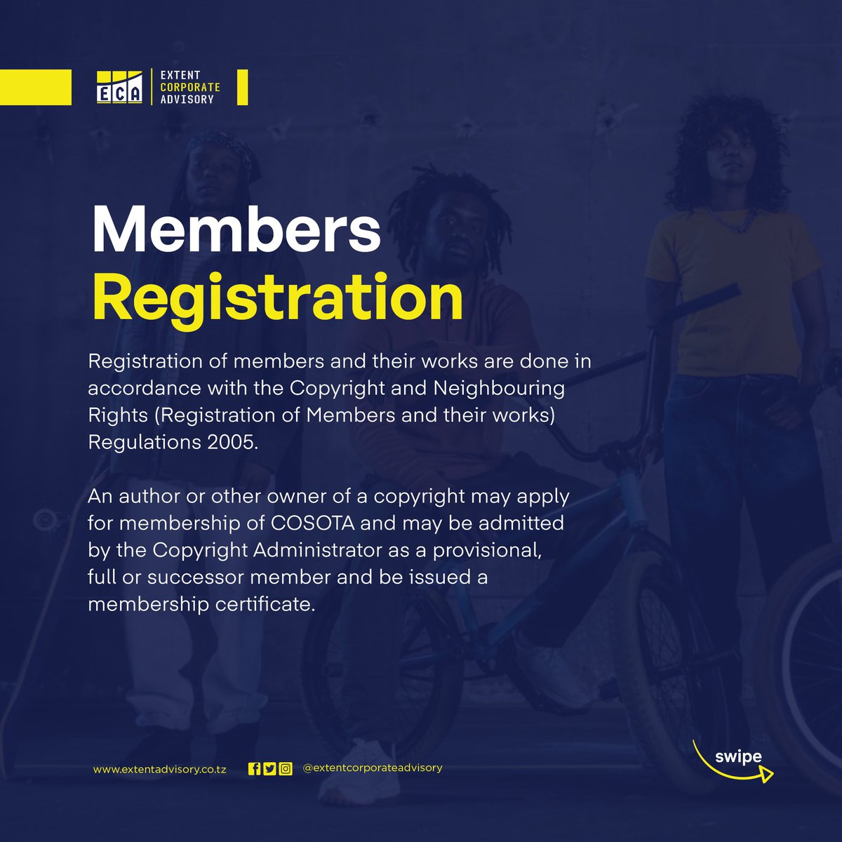 AdvisoryExtent's tweet image. Protect your creative work and secure your rights with the Copyright Society of Tanzania (COSOTA). 

Our informative slides this week will provide you with the requirements and process for membership and copyright registration within COSOTA. 
#COSOTA
#IPShortSlides
#IPTanzania