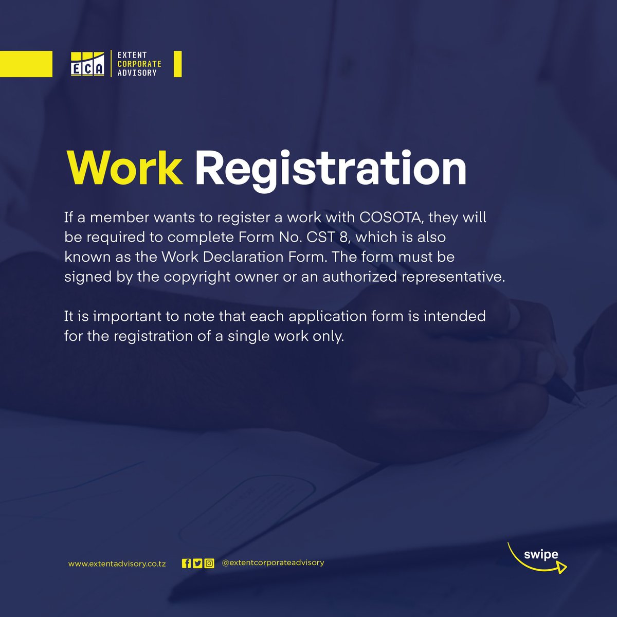 AdvisoryExtent's tweet image. Protect your creative work and secure your rights with the Copyright Society of Tanzania (COSOTA). 

Our informative slides this week will provide you with the requirements and process for membership and copyright registration within COSOTA. 
#COSOTA
#IPShortSlides
#IPTanzania