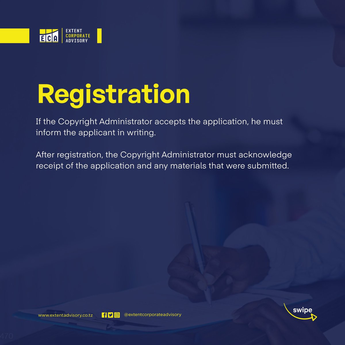 AdvisoryExtent's tweet image. Protect your creative work and secure your rights with the Copyright Society of Tanzania (COSOTA). 

Our informative slides this week will provide you with the requirements and process for membership and copyright registration within COSOTA. 
#COSOTA
#IPShortSlides
#IPTanzania