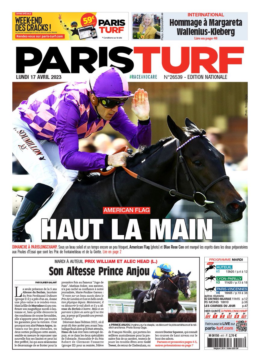 La Une du jour ✋🏻 bit.ly/3JLdcFW

➡️ Retour sur la victoire d’American Flag et Blue Rose Cen dimanche à <a href="/paris_longchamp/">ParisLongchamp</a> 
➡️ Hommage à Margareta Wallenius-Kleberg