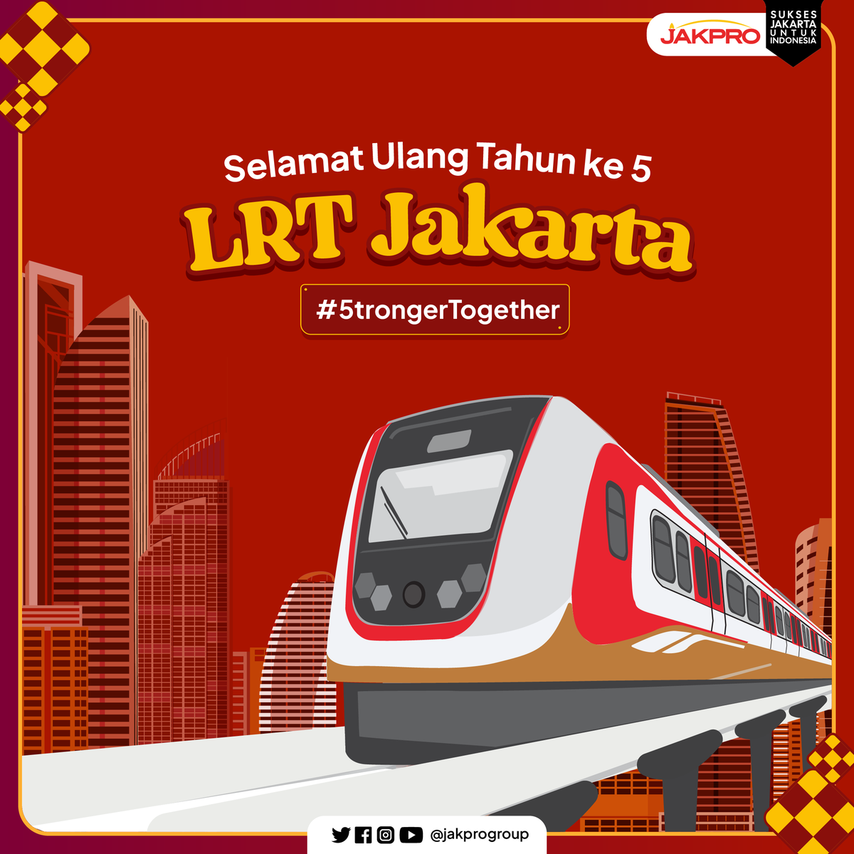 jakprogroup's tweet image. Selamat ulang tahun ke 5, LRT Jakarta. Semoga di usia yang ke 5 ini semakin sigap, siap dan terus semangat melayani kota Jakarta yang maju dan berkelanjutan, menghadirkan transportasi publik ramah lingkungan. #jakpro #lrtj