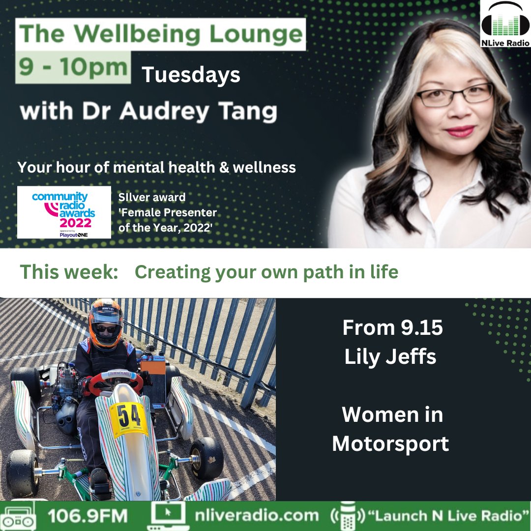 DrAudreyT's tweet image. In this week&apos;s Wellbeing Lounge I&apos;m speaking with motor racer @LilyJeffs54 about carving your own path in life. Sometimes, being one of the few people going in a certain direction can be very hard. Tuesday 9pm @NLiveRadio #womeninmotorsport #rolemodelling #opportunity #resilience