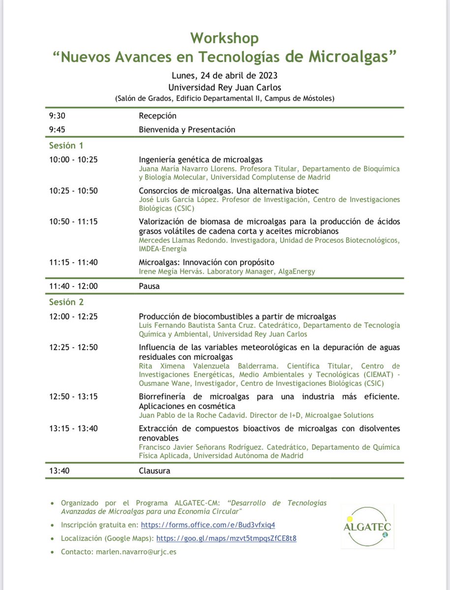 Únete a este interesante Workshop sobre Microalgas en el marco de <a href="/AlgatecCM/">Algatec</a>. En la URJC el lunes 24 de abril. Inscripción gratuita forms.office.com/e/Bud3vfxiq4