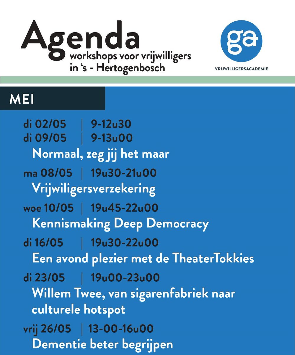 Graag even je aandacht voor enkele workshops van Galant Vrijwilligersacademie die mogelijk interessant zijn voor jullie vrijwilligers en netwerk.
Stuur gerust door naar je vrijwilligers!

#goeddoenmakkelijkmaken
#galant
#workshops
#vrijwilligersacademie073