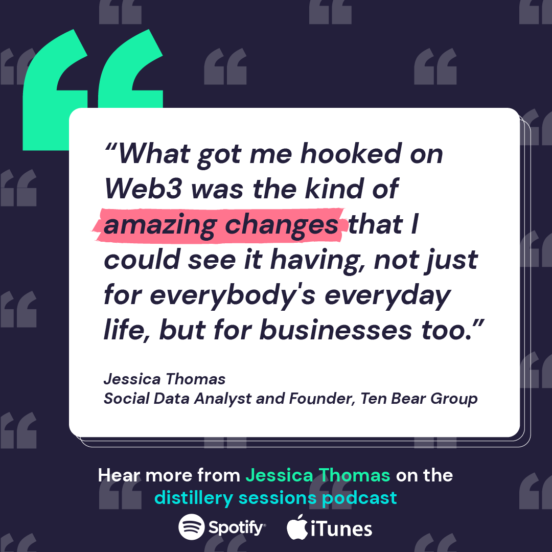 wearedistillery's tweet photo. Jessica Thomas, Social Data Analyst and Founder of Ten Bear Group, shares her thoughts on how Web 3.0 can transform businesses.
Listen here: https://t.co/6HUfOVD5P9
#wearedistillery #distillerysessions #podcast #blockchain #web3 https://t.co/lO7RNqEEhZ