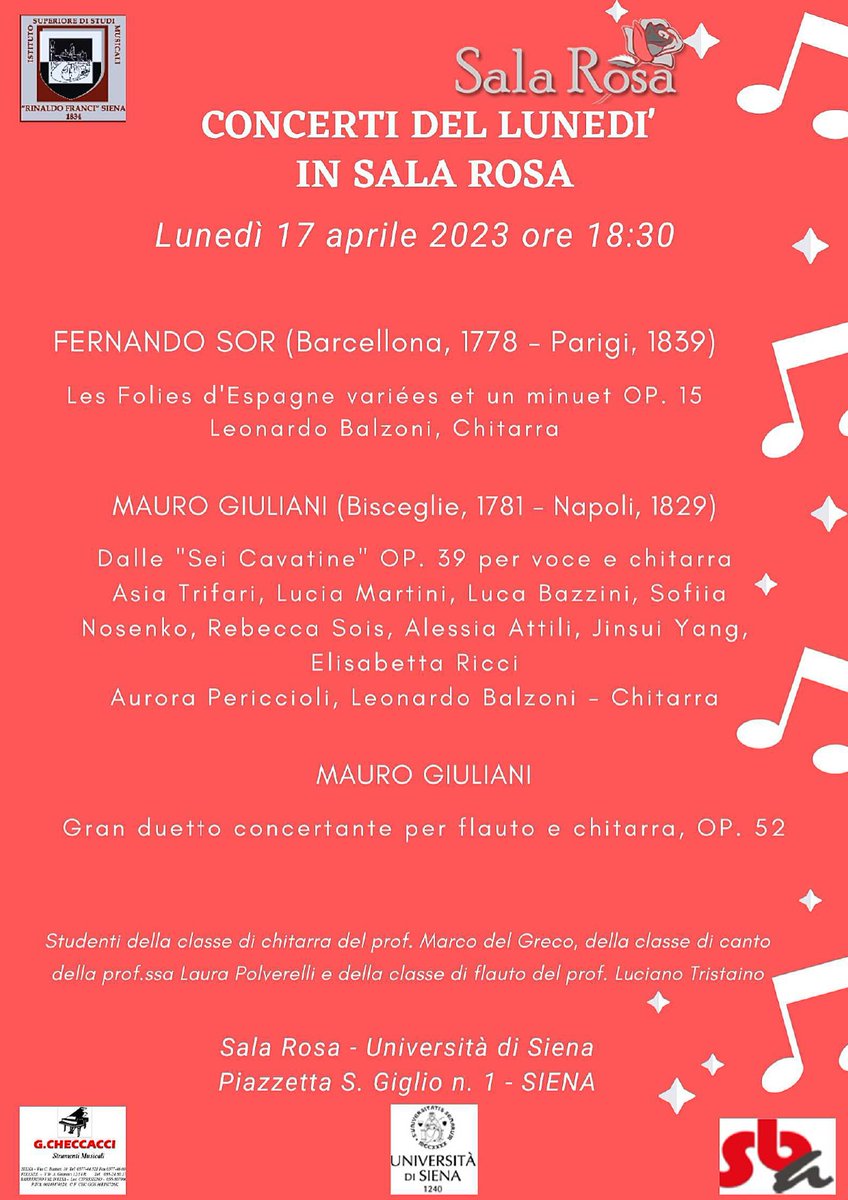 unisiena's tweet photo. 📌17/4. Rassegna musicale "Concerti del Lunedì in Sala Rosa".
⏰H. 18.30, #SalaRosa – Siena.
Ad esibirsi saranno gli allievi del @RinaldoFranci.
Ingresso libero.
👉 https://t.co/5O6jkTookG
#Università #Siena https://t.co/xCa3QxmMs8