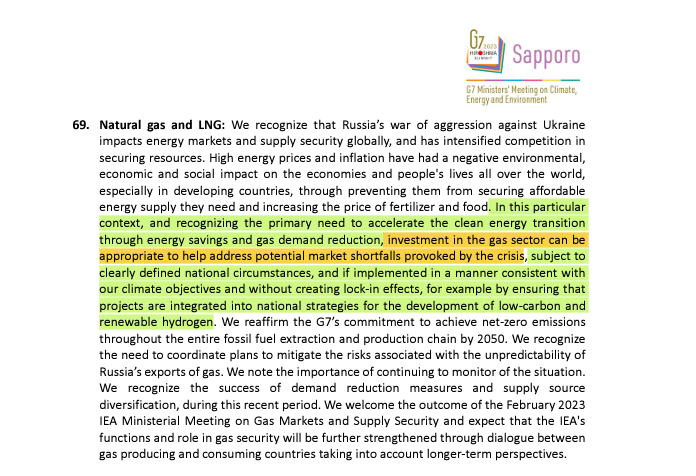G7 ENERGY COMMUNIQUE: There were some serious diplomatic language contortions in Japan over the weekend to get the G7 energy and climate change statement out. A whole 36 pages. 

Note the new language about natural gas and LNG investments. 

Full document: env.go.jp/content/000127…