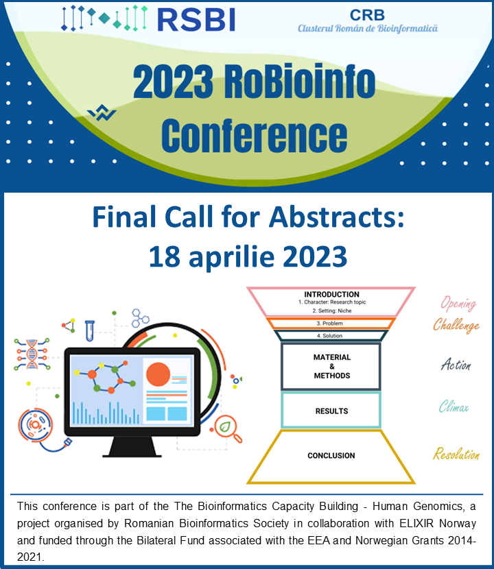 RoBioinfo's tweet photo. 🧬💻 👀 18 aprilie este noua dată limită pentru trimiterea rezumatelor.

Detalii: https://t.co/EvGez4uqCY
#NorwayGrants #GranturiNorvegiene #RSBI #bioinformatică #genomicaumana #humangenomics #microbiom #microbiome #robioinfo #2023RoBioinfoConference https://t.co/Ejp8K34pyj