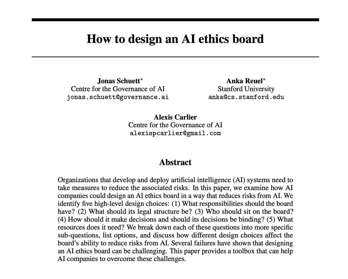 How do you design an AI ethics board (that actually works)? In our new paper, we list key design choices and discuss how they would affect the board’s ability to reduce risks from AI. Paper: arxiv.org/abs/2304.07249 (with @AnkaReuel and Alexis Carlier)