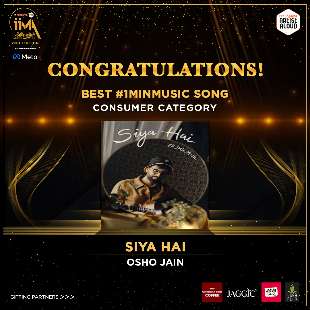 We are happy to announce that <a href="/oshojain_/">Osho Jain</a>  wins the trophy for "Best #1MinMusic Song" in the consumer category of the Indian Independent Music Awards 2nd Edition. 
@Hungama_com <a href="/Bollyhungama/">BollyHungama</a> <a href="/Meta/">Meta</a>  <a href="/ArtistAloud/">ArtistAloud</a> 
.
#IIMA2023 #IIMAAwards #IIMAXMeta #artistaloud #metaindia