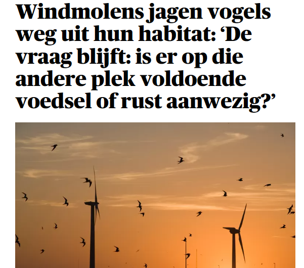 fmeeus1's tweet photo. Windmolens jagen vogels weg uit hun habitat en verstoren dus de locale natuur. Windmolens zijn dus in strijd met de EU Natura-2000 regels. Tijd voor een rechtszaak.

https://t.co/zAab5fkblx via @demorgen https://t.co/L8lVmVT45j
