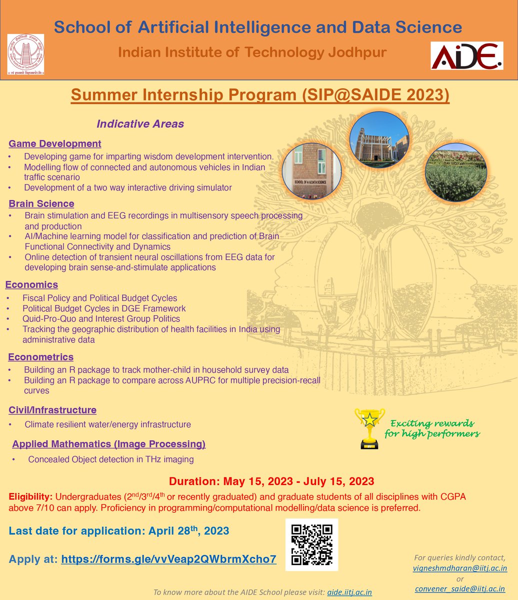 saide_iitj's tweet photo. The School of AI and Data Science, IIT Jodhpur is inviting applications for our Summer Internship Program (SIP@SAIDE 2023) with exciting projects lined up! 
Please find the details below and apply here: https://t.co/GqnaDvSIaC https://t.co/bFIo4TWFpq