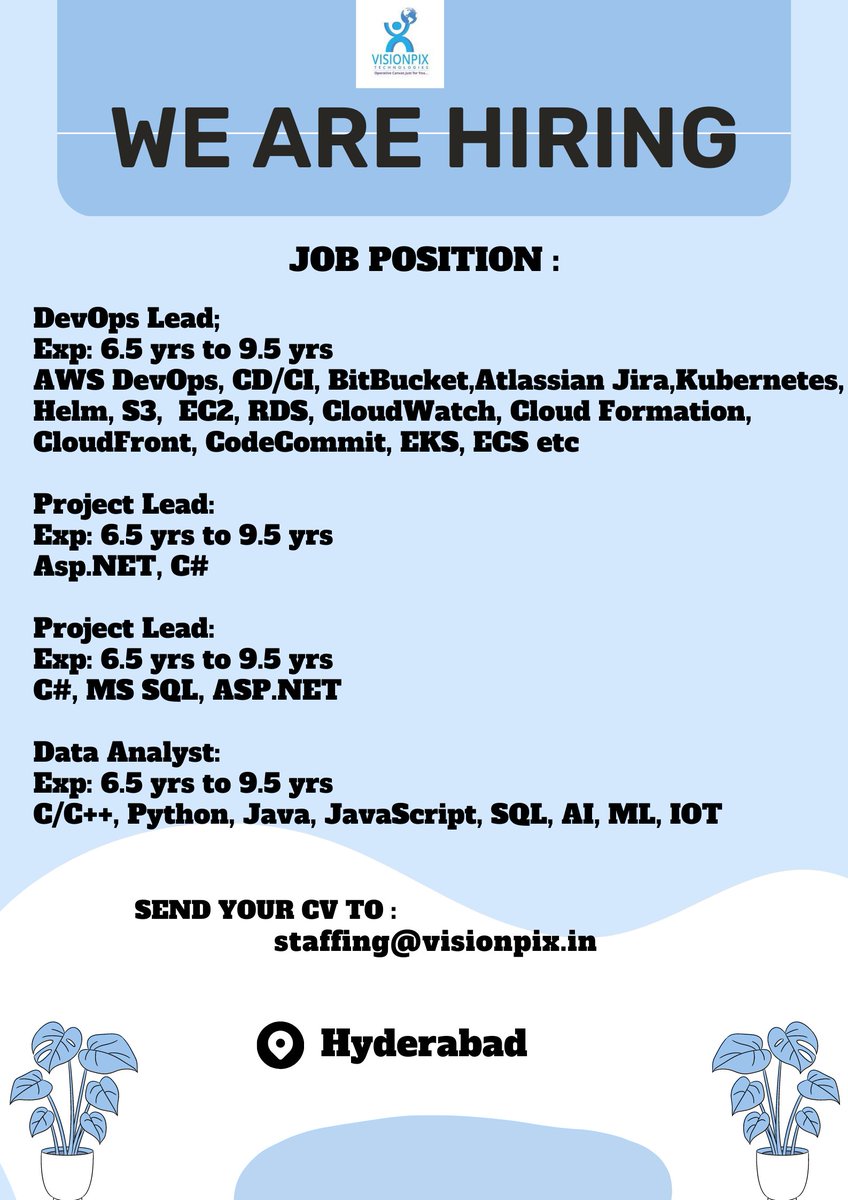 We are hiring for top MNC

Interested candidates share your resume to staffing@visionpix.in

.

.

#hiring #hiringnow #bangalorejobs #Mysorejobs #Hyderabad #java
#softwareengineers #dotnetdevelopers #angulardeveloper #reactjsdeveloper #reactdeveloper #kubernetes #awsdevops