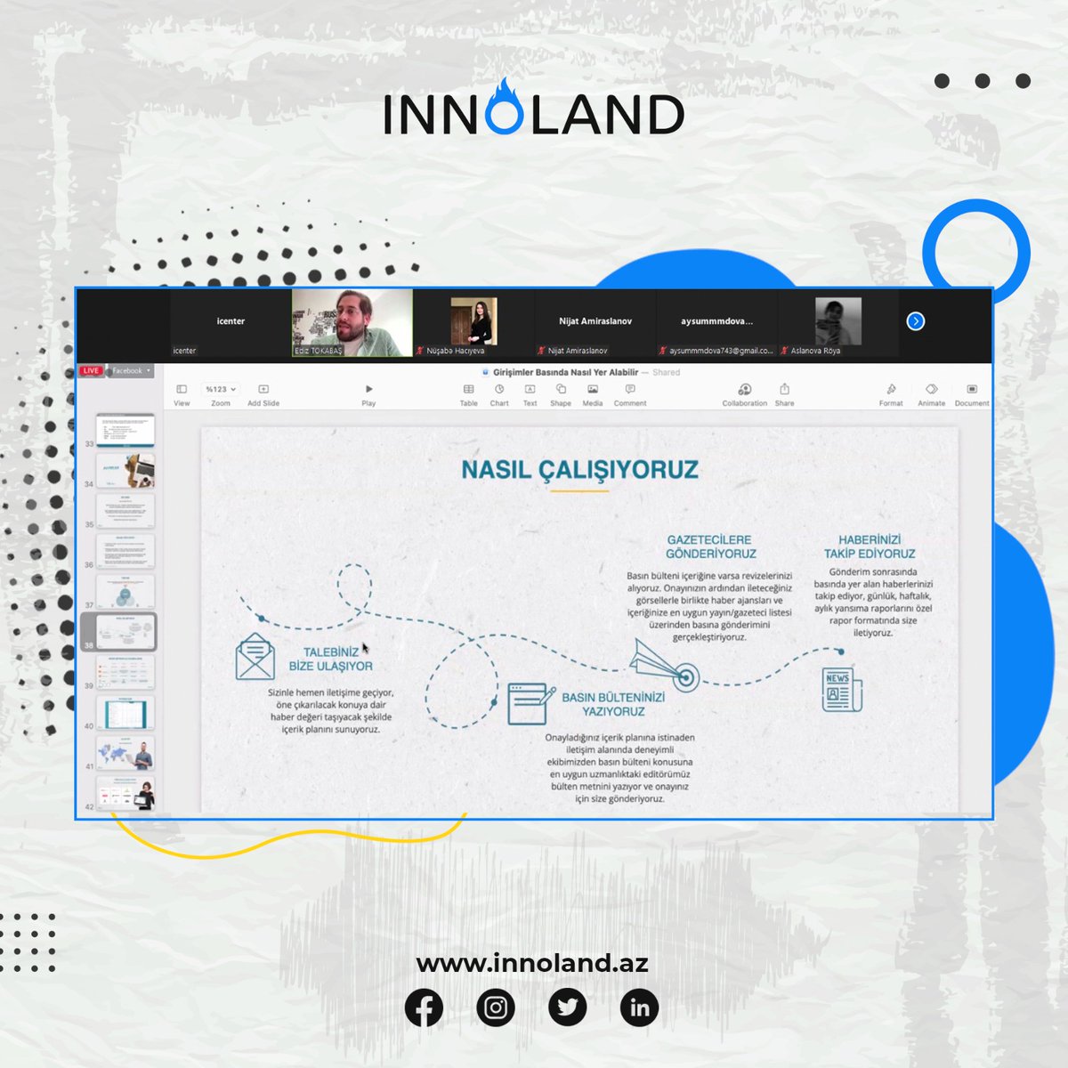 innoland_az's tweet photo. "INNOLAND" İnkubasiya və Akselerasiya Mərkəzinin rezidentləri üçün vebinar təşkil olunub. 🚀

Vebinarda B2Press-in qlobal idarəedici tərəfdaşı Ediz Tokabaş startapların PR strategiyasını düzgün formada hazırlamaları haqqında danışıb.💻

#icenter #innoland #vebinar #startap https://t.co/kTHd8AL8gw